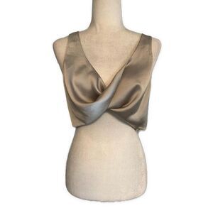 Forever 21 Womens Solid Light Pearl Gray Satin Crop Twist Tank Top Large